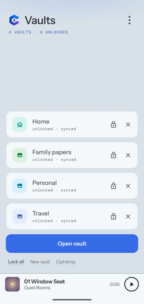 The vault list in the Android app.