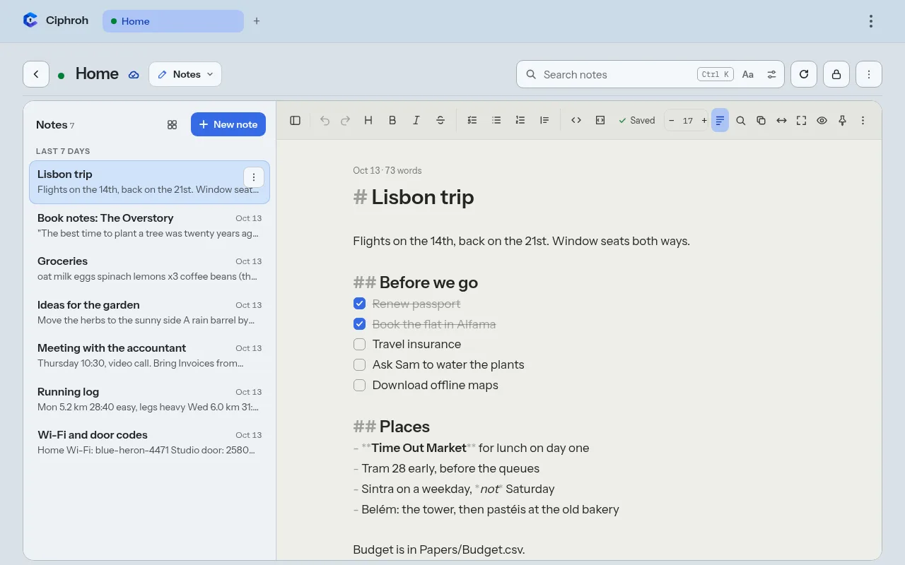 Notes in the web app: a list of notes beside an open note with a checklist.