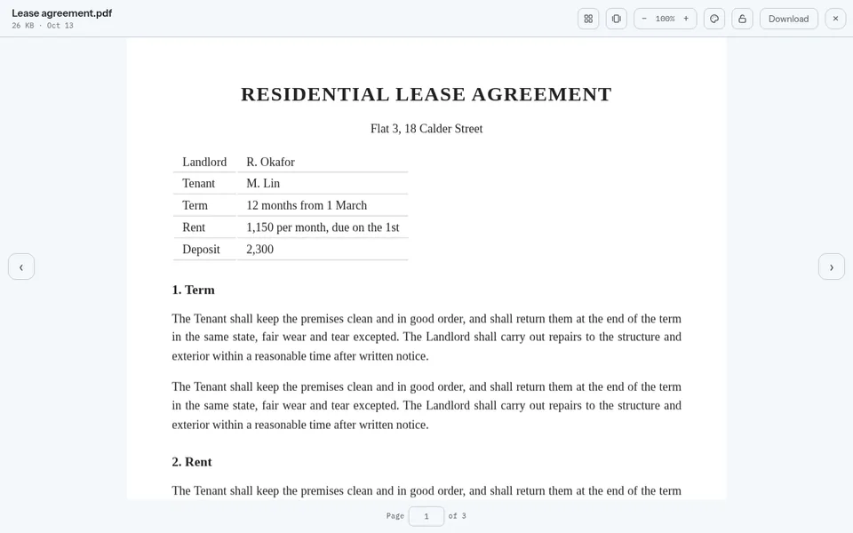 A lease agreement open in the PDF viewer.